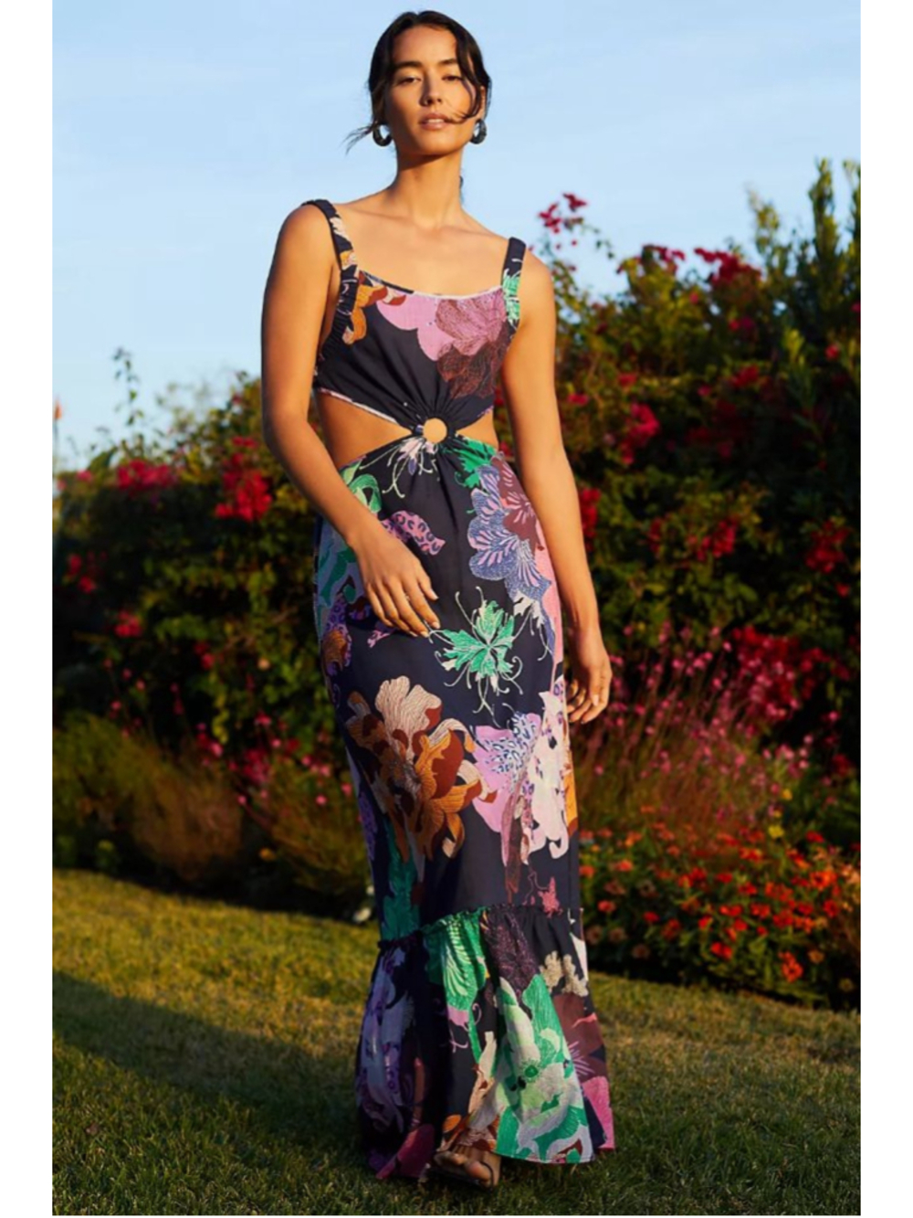 Maeve Anthropologie Cotton Tropical Cutout Open Back Maxi Dress Womens Small